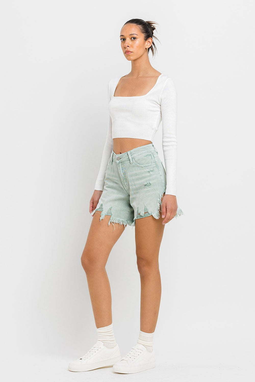 Vervet High Rise Side Slit Denim Shorts