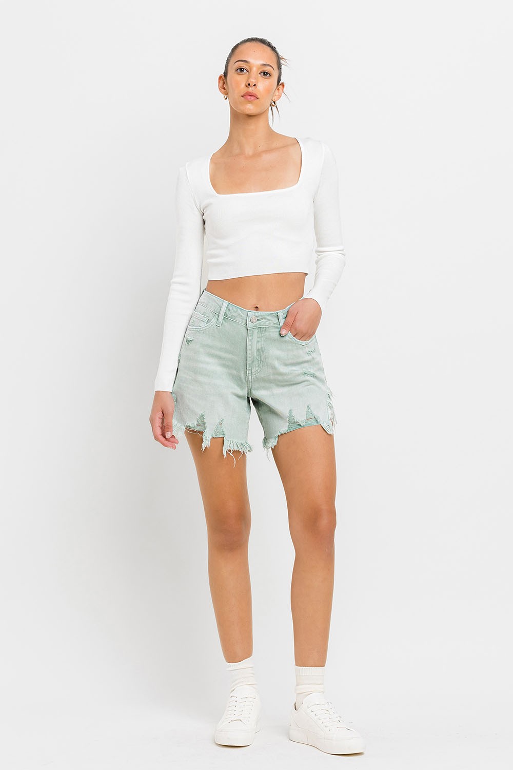 Vervet High Rise Side Slit Denim Shorts